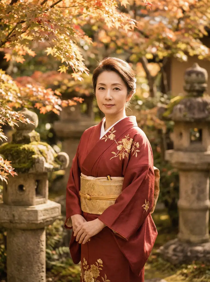 一位身穿暗红色和服的优雅 小池理奈 在日式庭院中