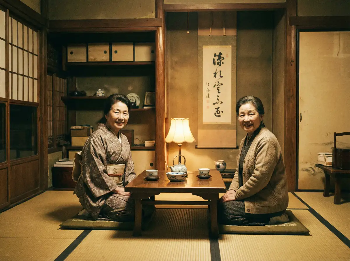 两位优雅的 小池理奈 在日式茶室中品茶交谈